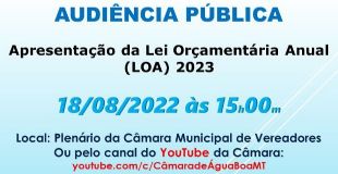 Prefeitura de Água Boa faz convite para audiência pública de apresentação da Lei Orçamentaria Anual 2023