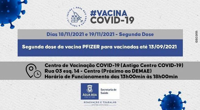 Semana de vacinação contra a Covid-19 em Água Boa; hoje (18) e amanhã, segunda dose Pfizer para vacinados até 13/09/21