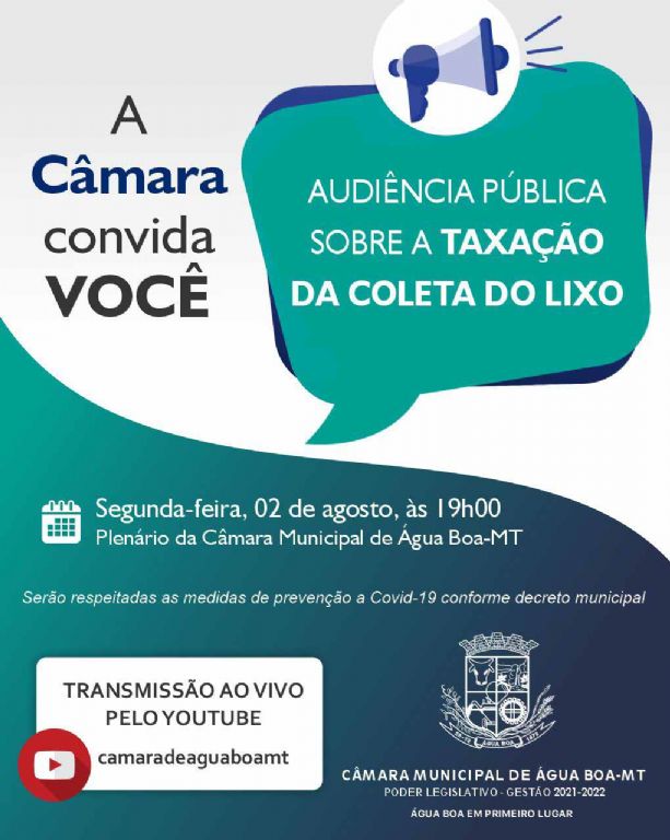 Câmara de Vereadores promoverá segunda-feira, 02, Audiência Pública sobre a taxação da coleta de lixo em Água Boa